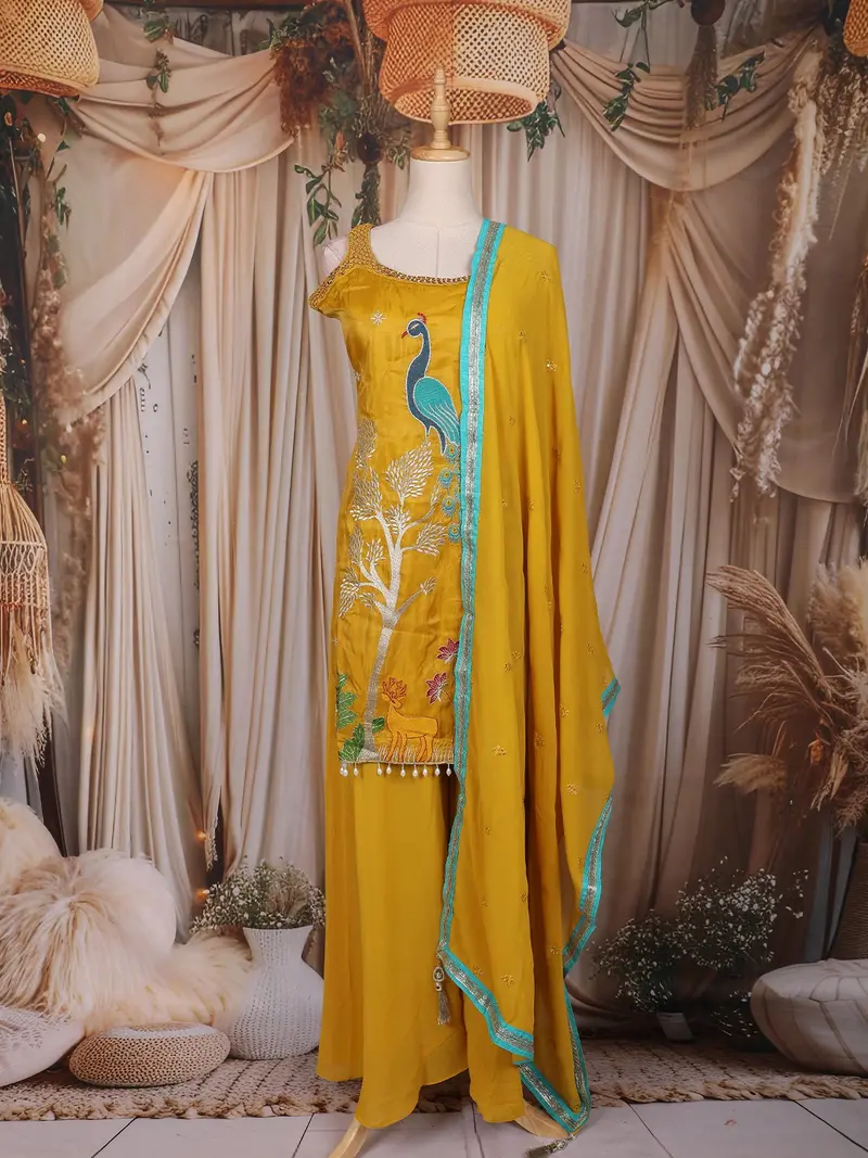 Mustard Yellow Peacock And Deer Embroidered Design Silk Palazzo Suit With Dupatta 1