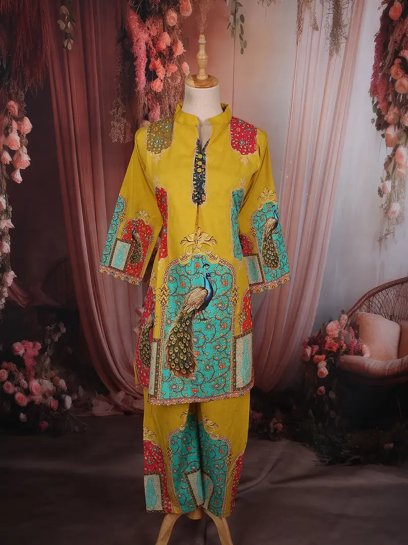 Mustard Yellow Peacock Motif Design Cotton Palazzo Suit 1
