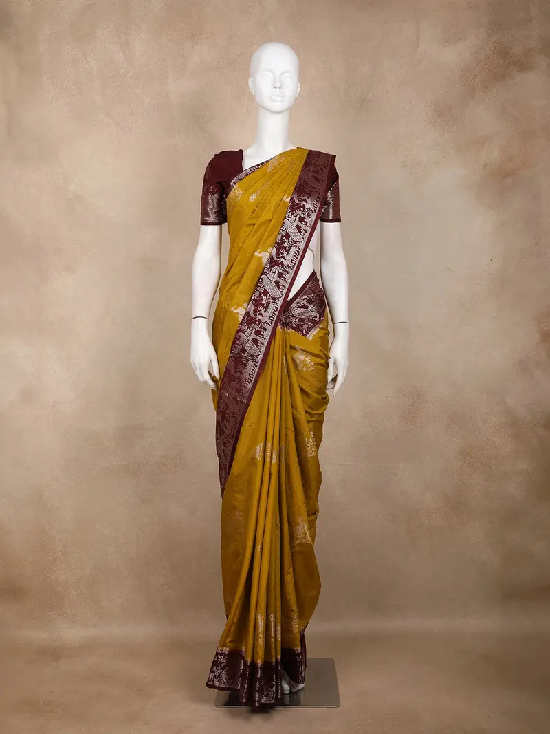 Mustard Yellow Peacock Woven Raw Silk Saree With Contrast Maroon Zari Border 1