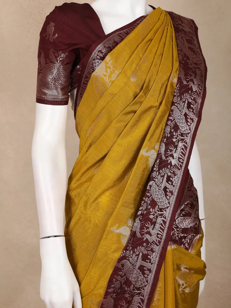 Mustard Yellow Peacock Woven Raw Silk Saree With Contrast Maroon Zari Border 2