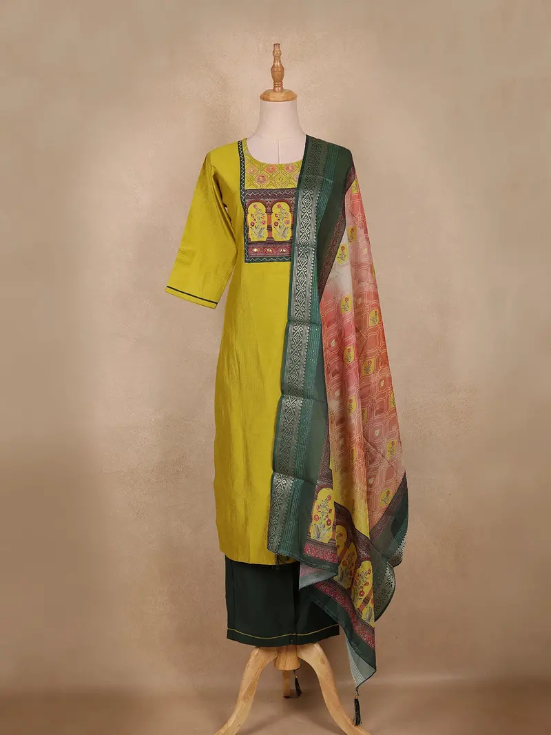Mustard Yellow Printed Design Cotton Straight Cut Salwar Suit With Contrast Dupatta 1