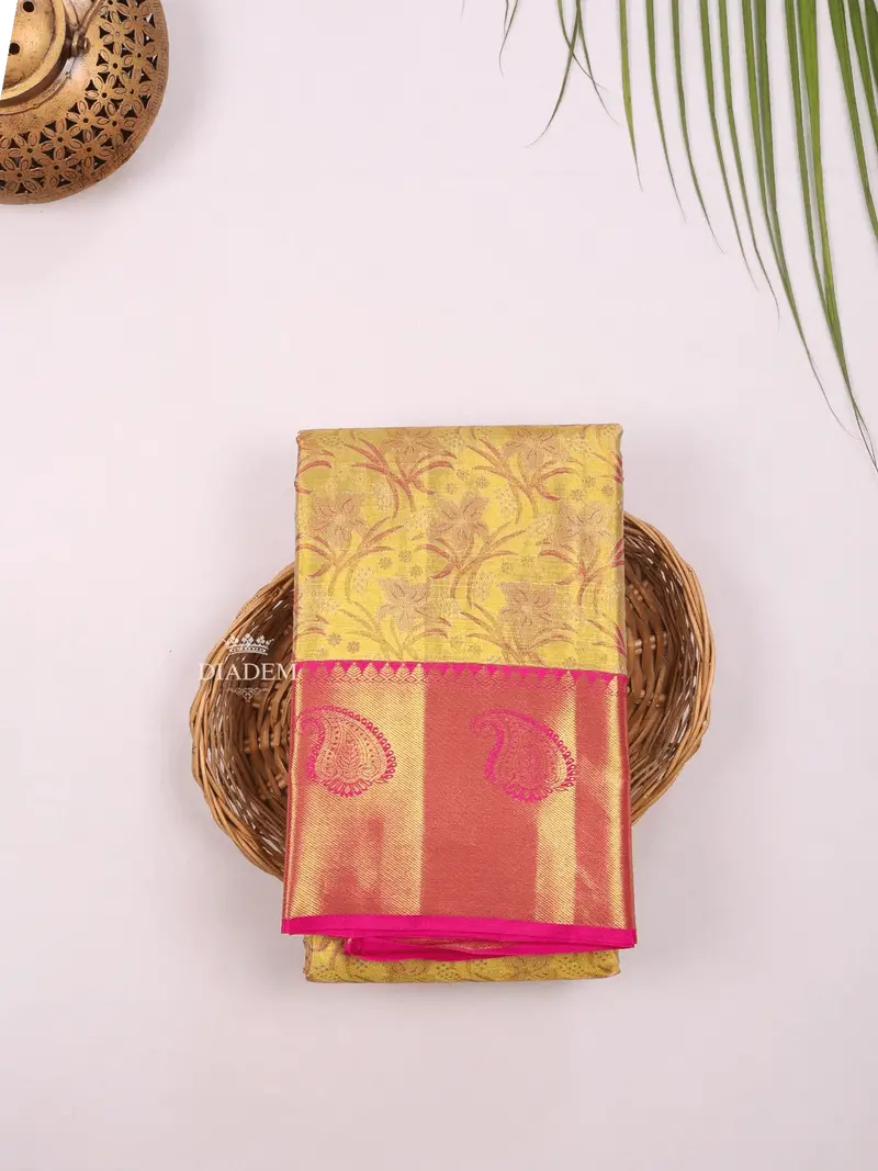 Mustard Yellow Pure Kanchipuram Bridal Silk Saree With Floral Motif On The Body And Contrast Zari Border 1