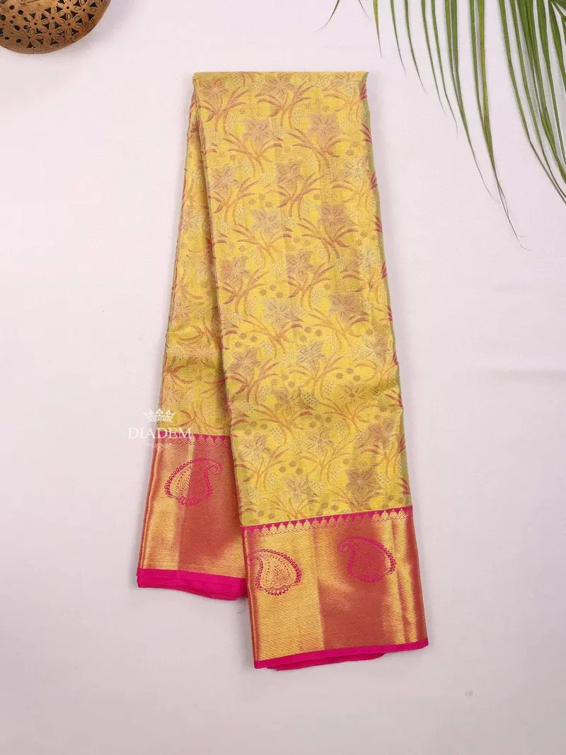 Mustard Yellow Pure Kanchipuram Bridal Silk Saree With Floral Motif On The Body And Contrast Zari Border 2