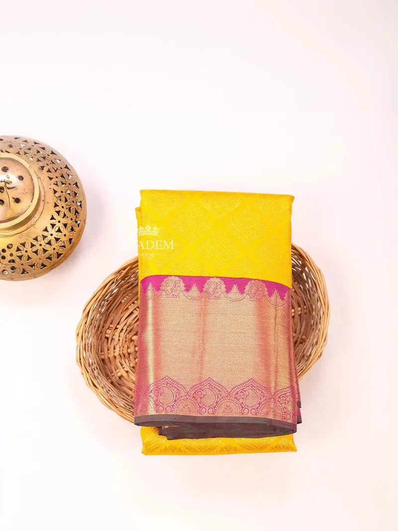 Mustard Yellow Pure Kanchipuram Bridal Silk Saree With Zari Brocade On The Body And Contrast Zari Border 1