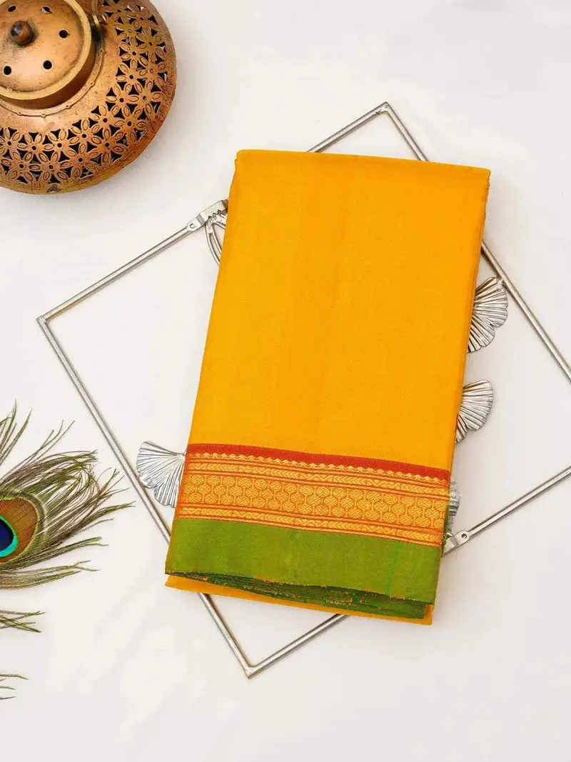 Mustard Yellow Pure Kanchipuram Pattu Saree With Plain Body And Zari Border 1