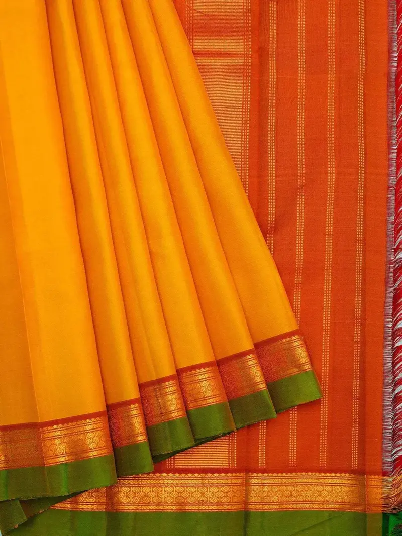 Mustard Yellow Pure Kanchipuram Pattu Saree With Plain Body And Zari Border 2