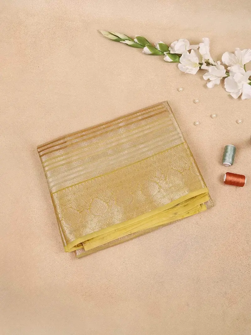 Mustard Yellow Semi Banarasi Saree With Plain Body And Zari Border 1