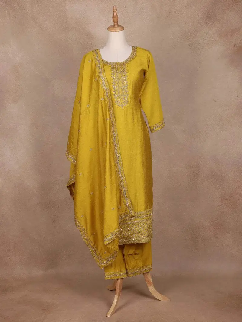 Mustard Yellow Semi Silk Embroidery Salwar Suit 1