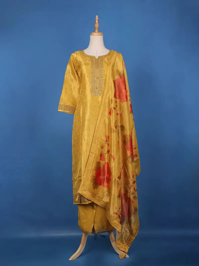 Mustard Yellow Sequins And Bead Embellished Tissue Banarasi Salwar Suit 1