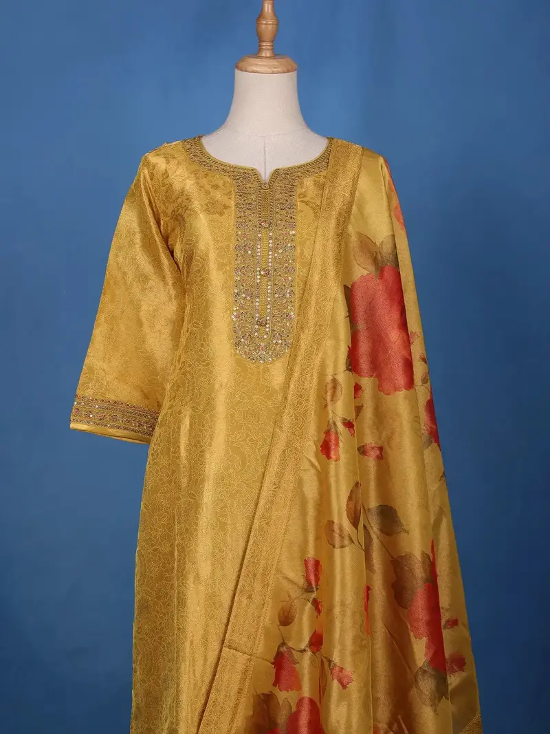 Mustard Yellow Sequins And Bead Embellished Tissue Banarasi Salwar Suit 2