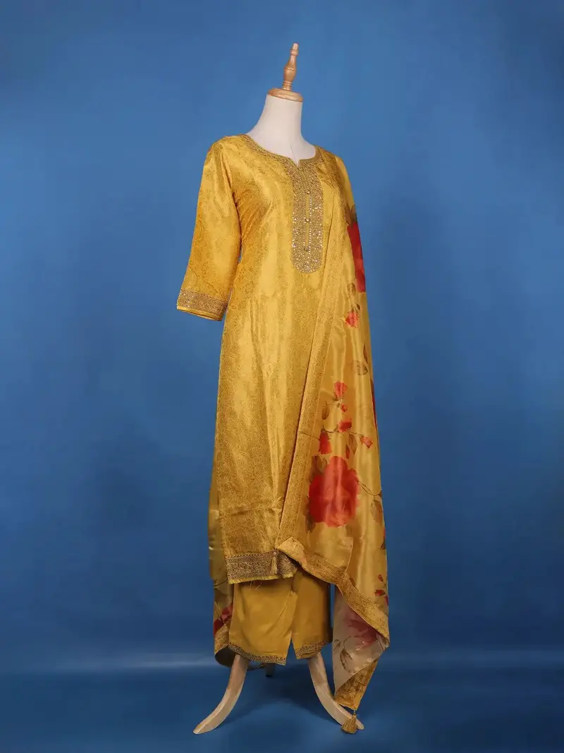Mustard Yellow Sequins And Bead Embellished Tissue Banarasi Salwar Suit 3