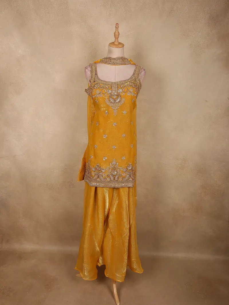 Mustard Yellow Sequins And Beads Embroidered Design Organza Palazzo Suit With Dupatta 1