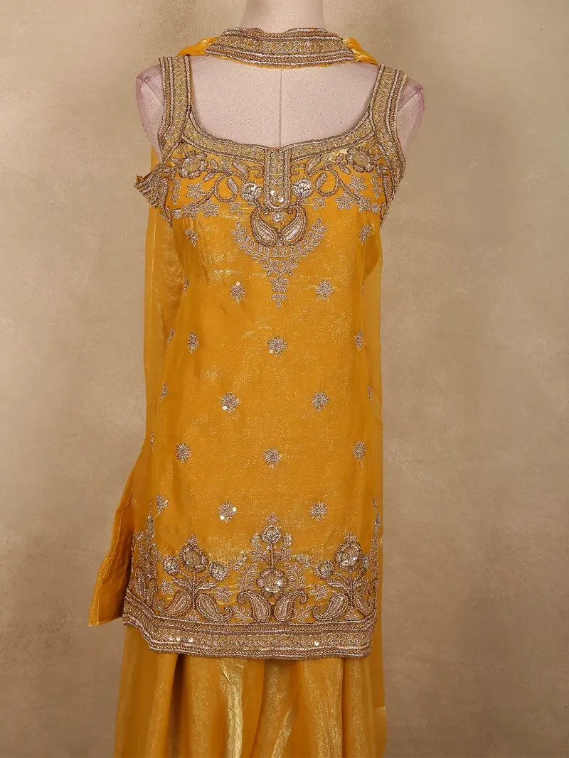 Mustard Yellow Sequins And Beads Embroidered Design Organza Palazzo Suit With Dupatta 2