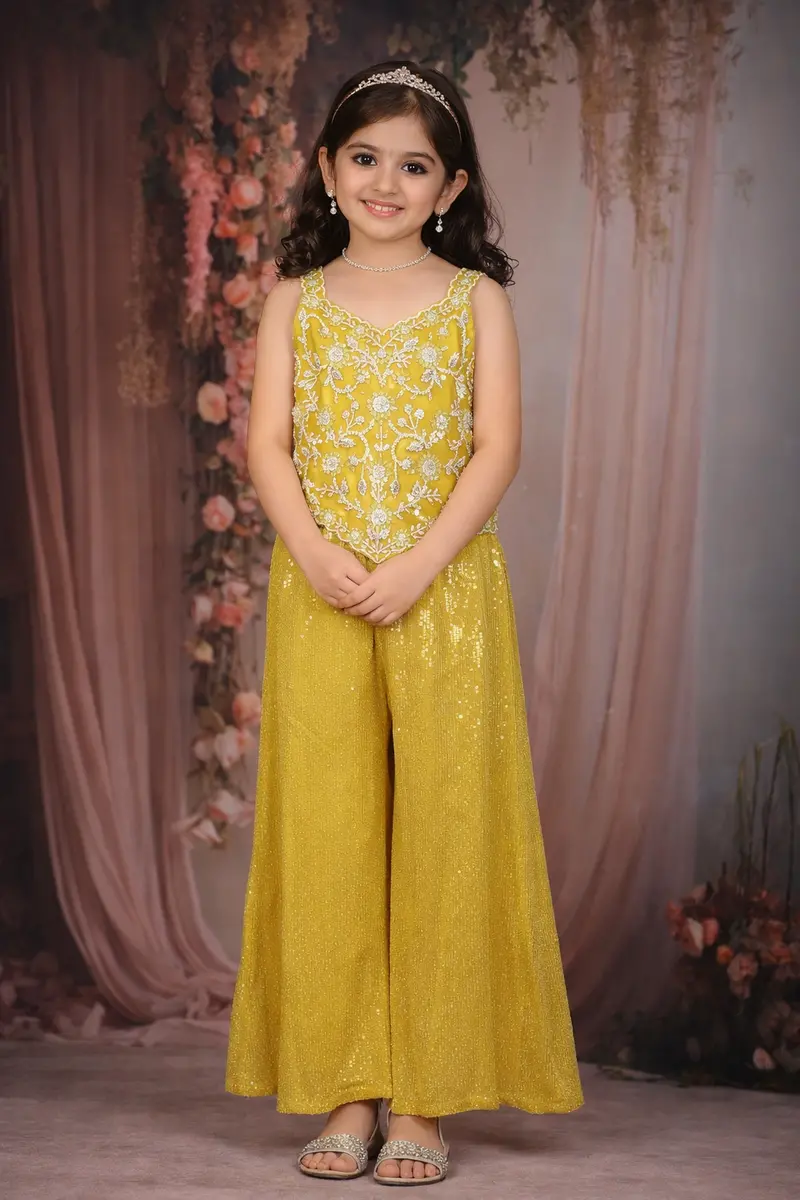 Mustard Yellow Sequins Embroidered Design Georgette Kids Palazzo Suit 1