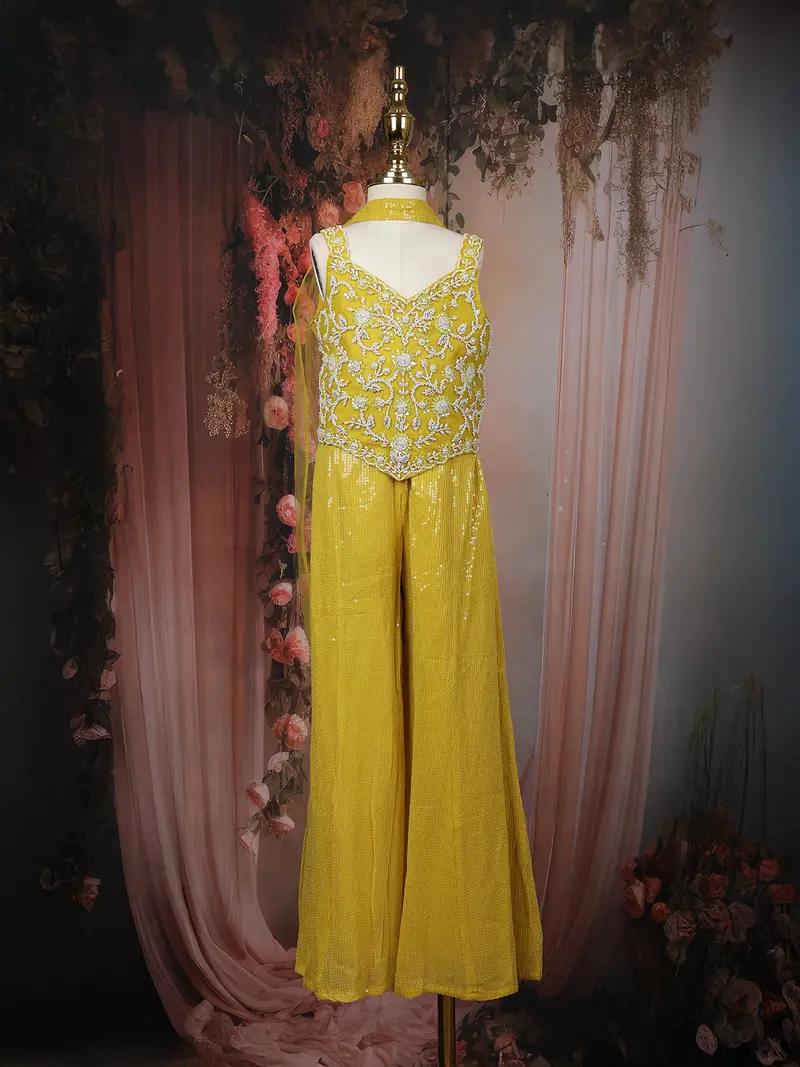 Mustard Yellow Sequins Embroidered Design Georgette Kids Palazzo Suit 2