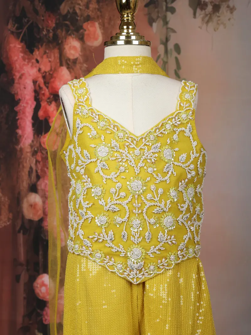 Mustard Yellow Sequins Embroidered Design Georgette Kids Palazzo Suit 3