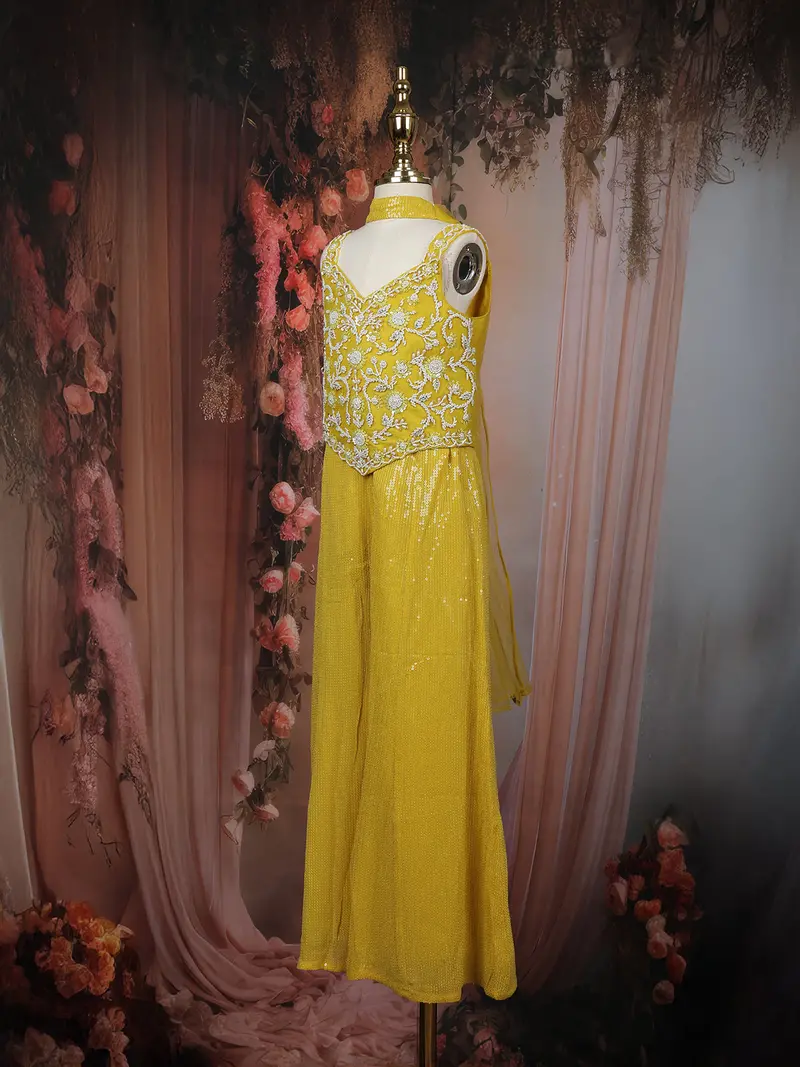 Mustard Yellow Sequins Embroidered Design Georgette Kids Palazzo Suit 4