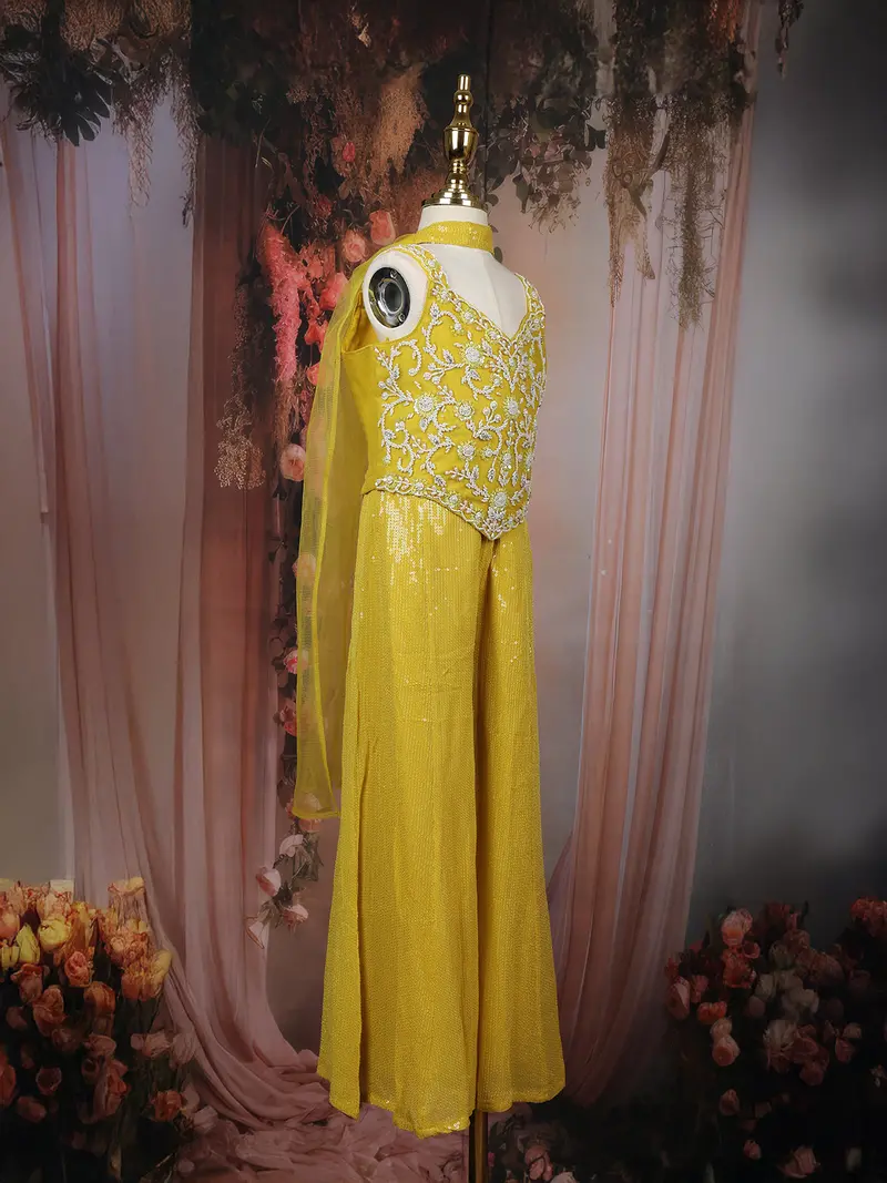 Mustard Yellow Sequins Embroidered Design Georgette Kids Palazzo Suit 5