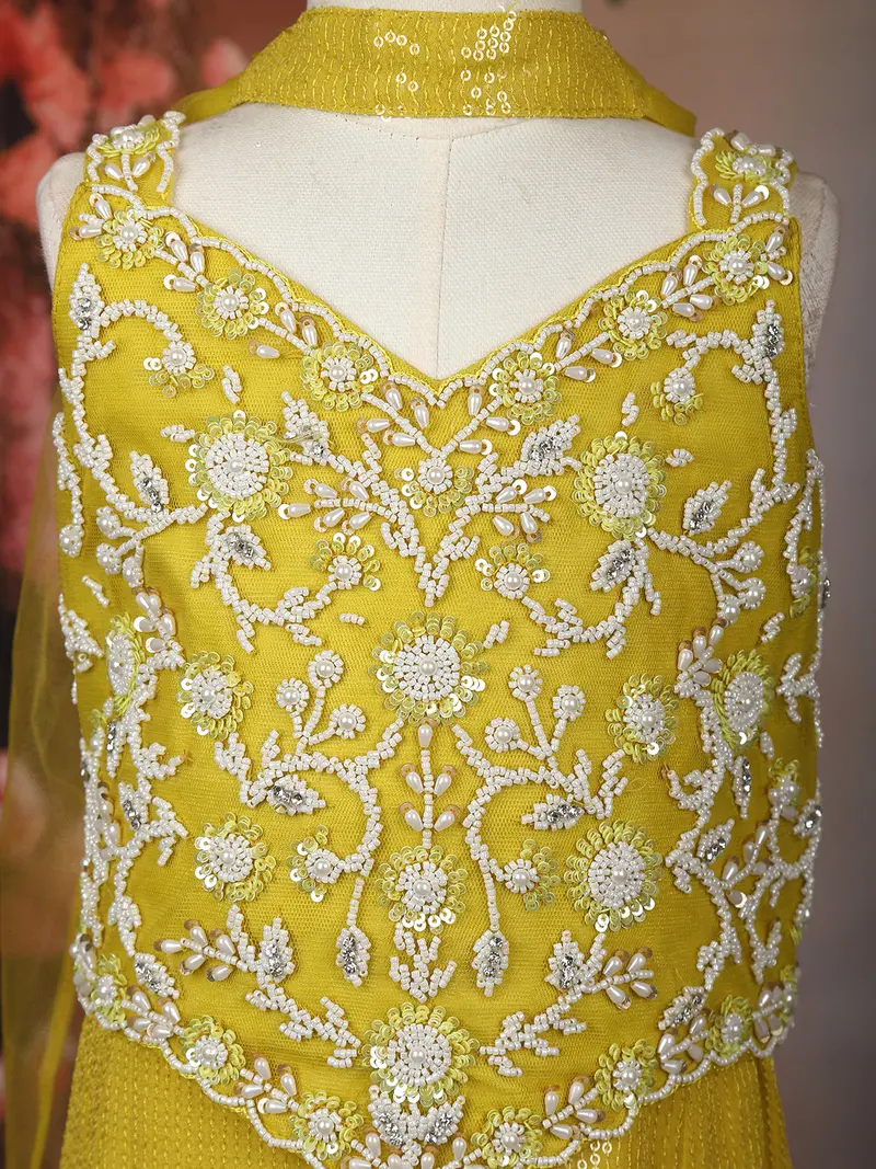 Mustard Yellow Sequins Embroidered Design Georgette Kids Palazzo Suit 6