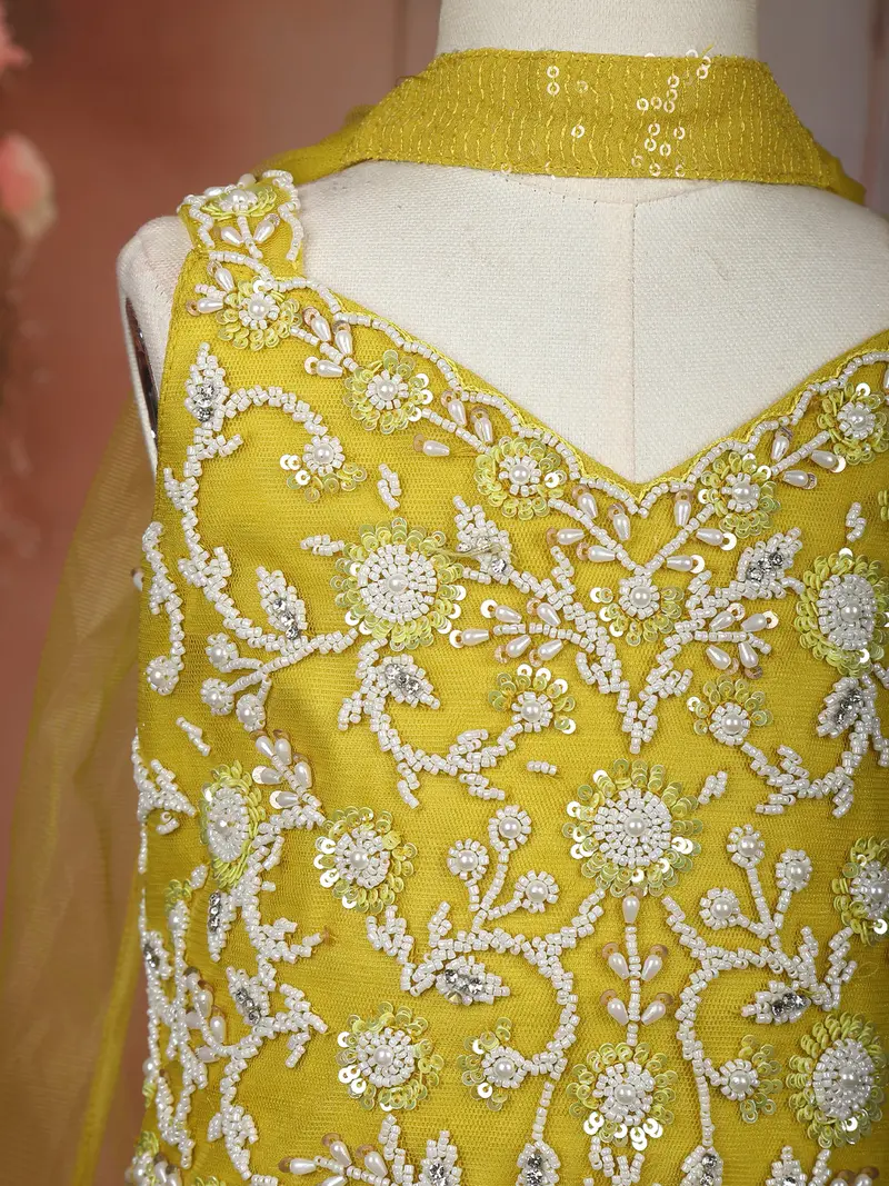 Mustard Yellow Sequins Embroidered Design Georgette Kids Palazzo Suit 7