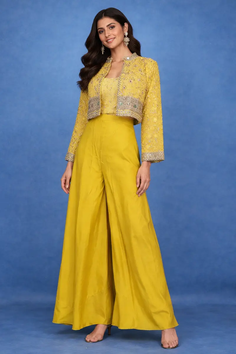 Mustard Yellow Sequins Embroidered Georgette Palazzo Suit 1