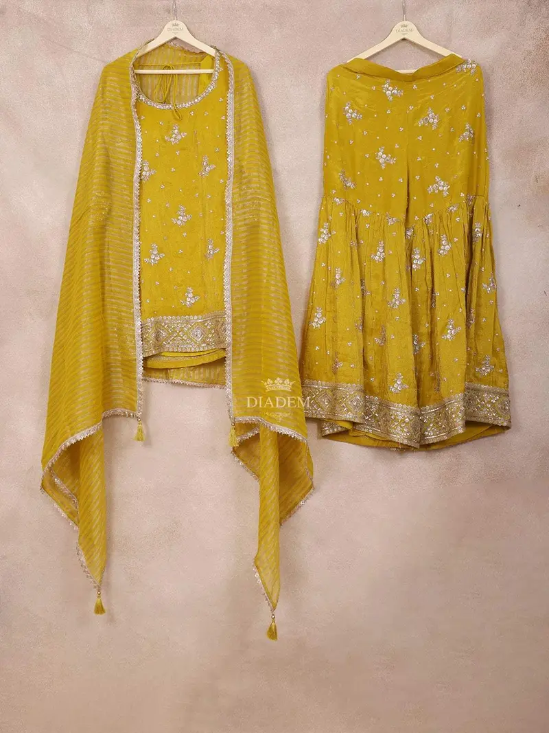 Mustard Yellow Sharara Set Adorned With Sequins And Floral Design With Dupatta 1