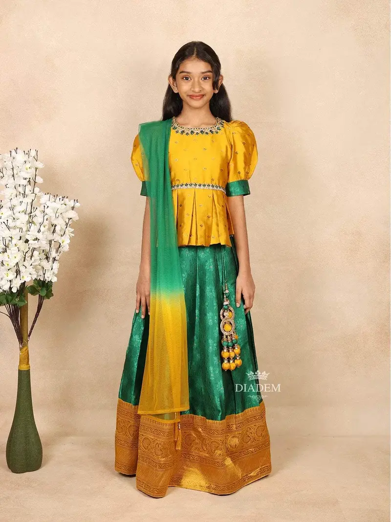 Mustard Yellow Silk Pavada Sattai Set For Girls 1