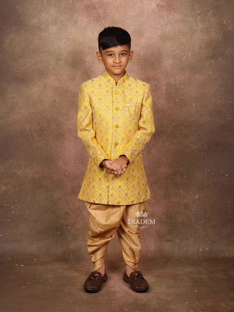 Mustard Yellow Silk Sherwani Set With Embroidery Floral Design 1