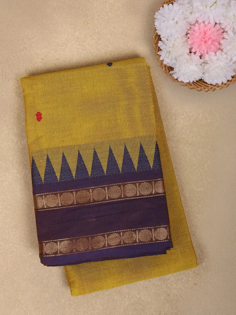 Mustard Yellow Small Butta Design Cotton Saree With Contrast Border 1