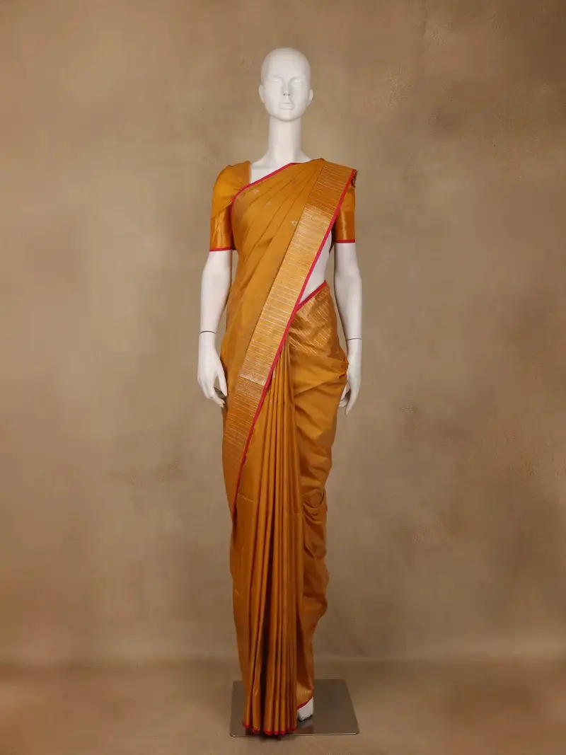 Mustard Yellow Small Motif Woven Soft Silk Saree With Striped Zari Pallu And Contrast Red Edging 1