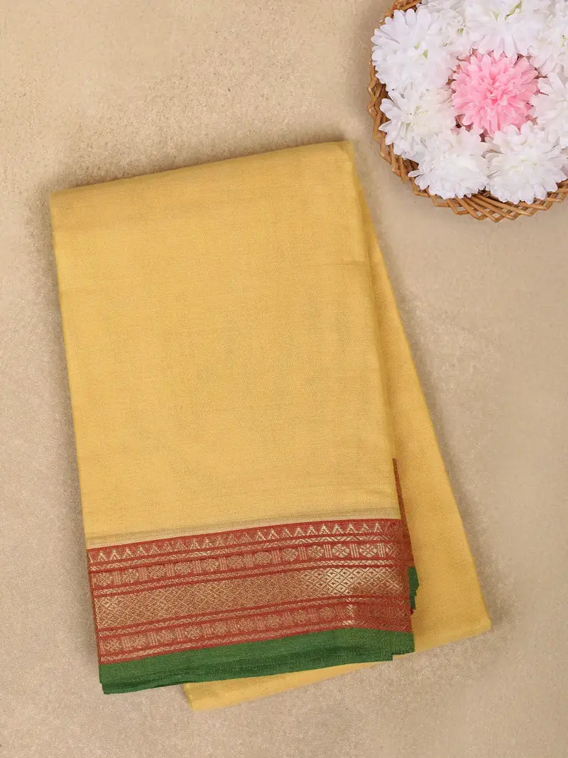 Mustard Yellow Solid Design Cotton Saree With Contrast Red Woven Border 1