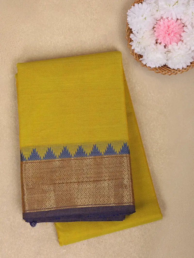 Mustard Yellow Solid Design Cotton Saree With Contrast Zari Border 1