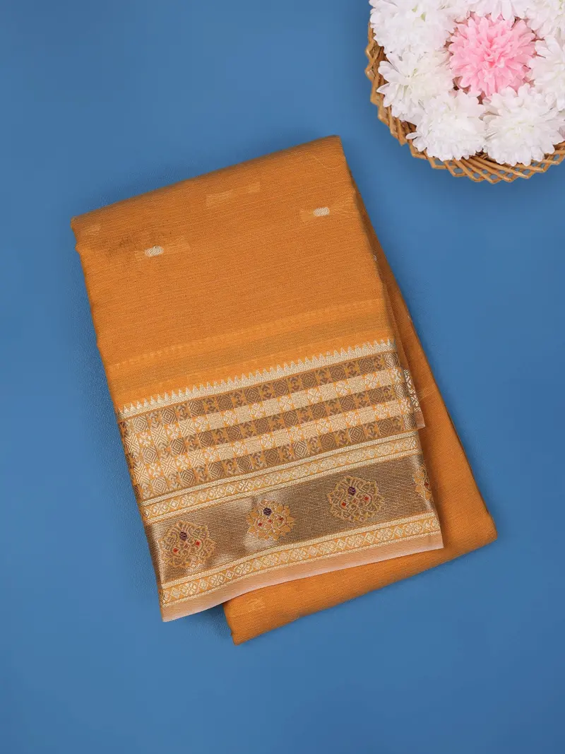 Mustard Yellow Solid Design Fancy Cotton Saree 1