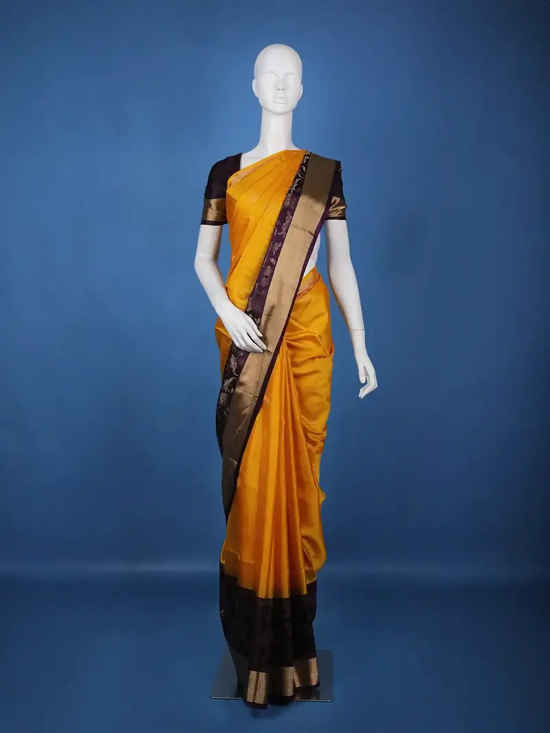 Mustard Yellow Solid Design Gold Zari Woven Soft Silk Saree 1