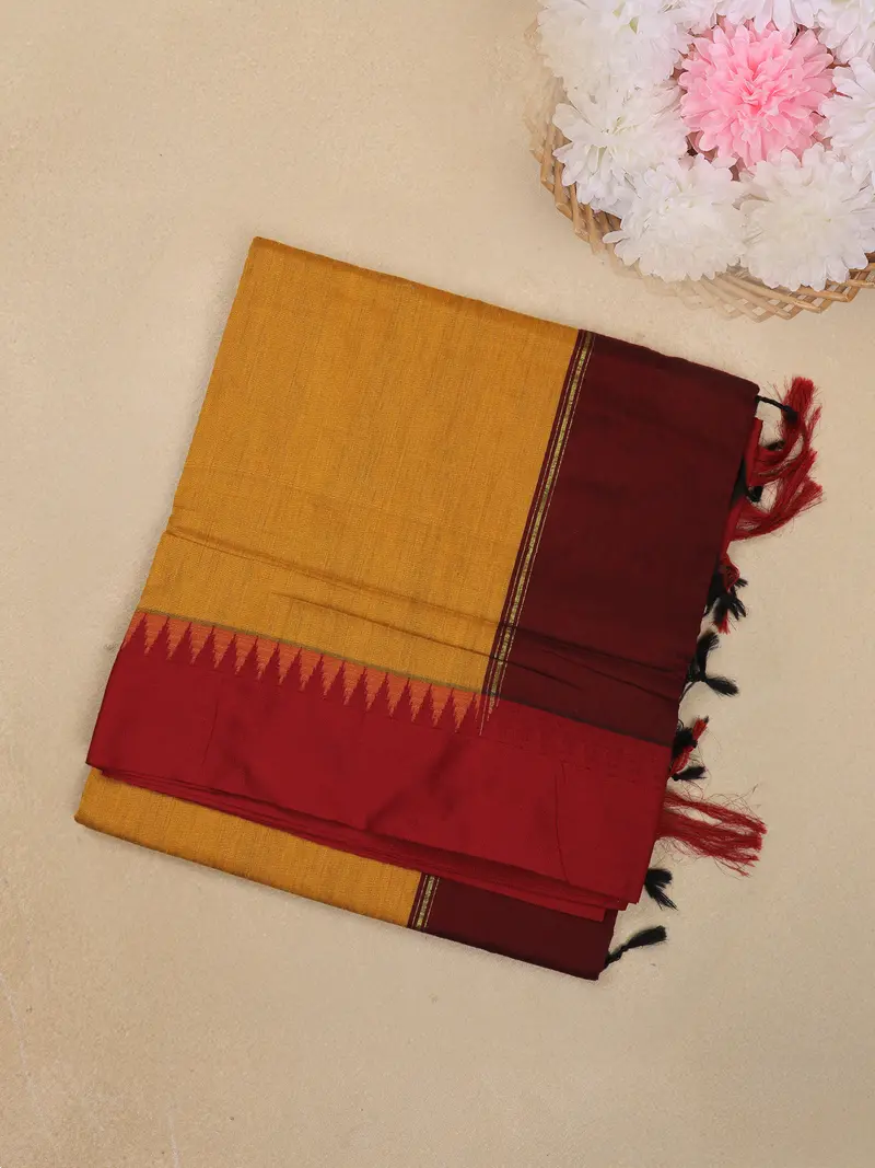 Mustard Yellow Solid Design Kalyani Cotton Saree With Contrast Temple Border 1