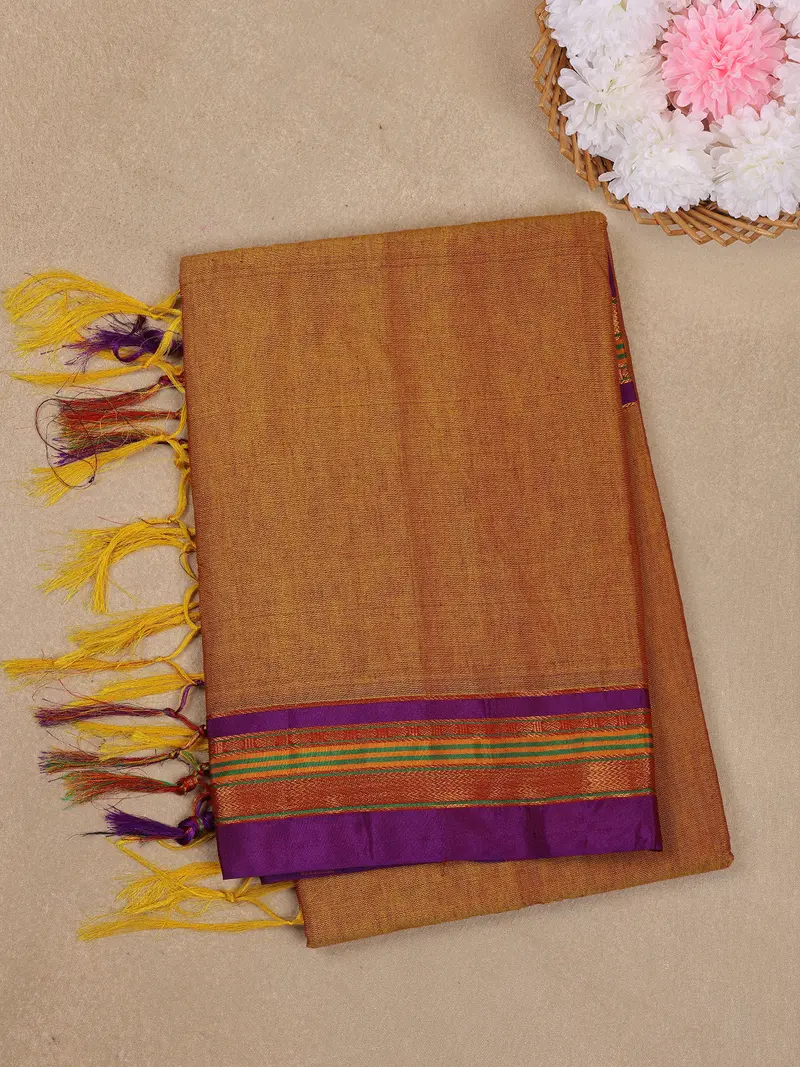 Mustard Yellow Solid Design Semi Silk Cotton Saree With Contrast Border 1