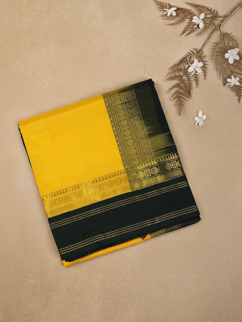 Mustard Yellow Solid Design Silk Cotton Saree With Contrast Temple Border 1