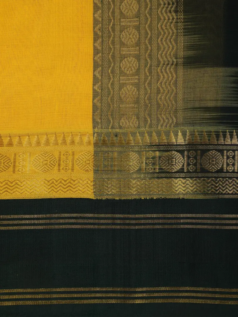 Mustard Yellow Solid Design Silk Cotton Saree With Contrast Temple Border 2