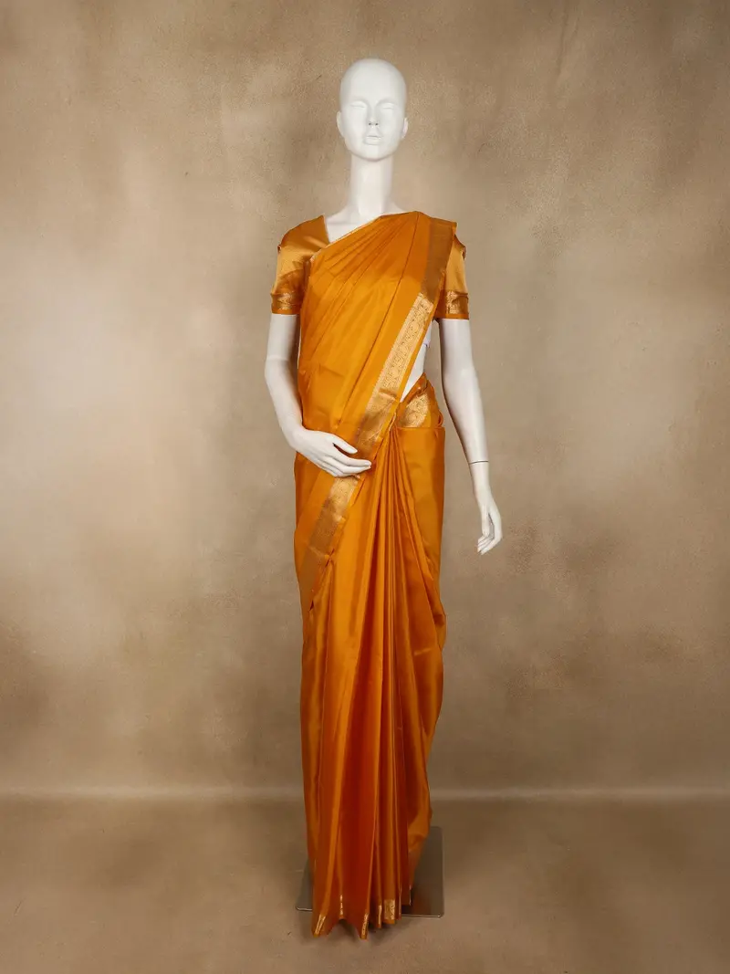 Mustard Yellow Solid Woven Design Pure Kanchipuram Silk Saree With Paisley Zari Border 1