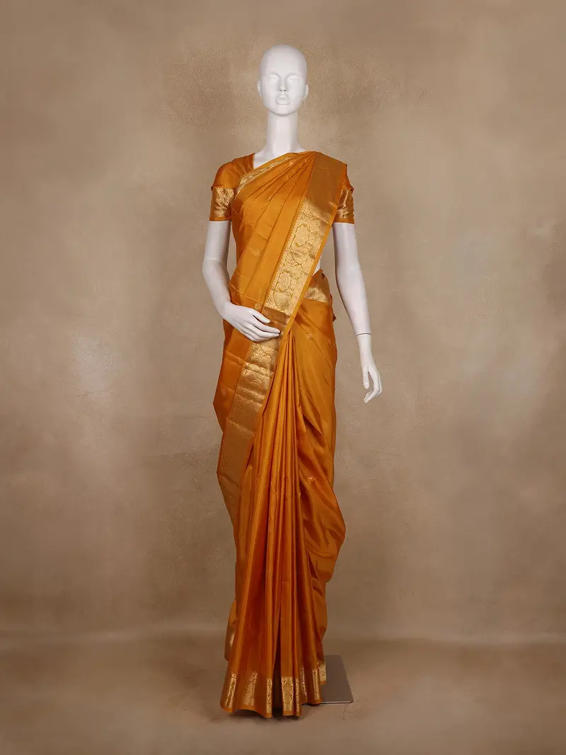 Mustard Yellow Solid Woven Design Pure Kanchipuram Silk Saree With Rich Zari Border 1
