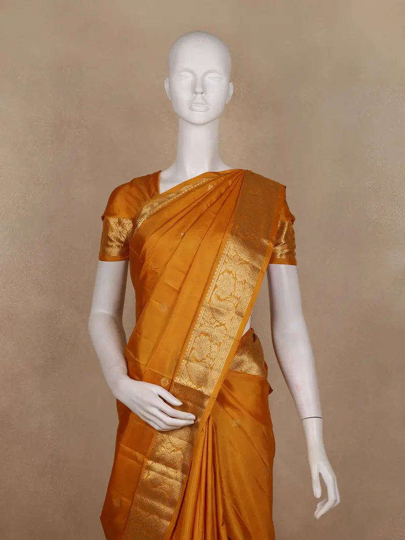 Mustard Yellow Solid Woven Design Pure Kanchipuram Silk Saree With Rich Zari Border 2