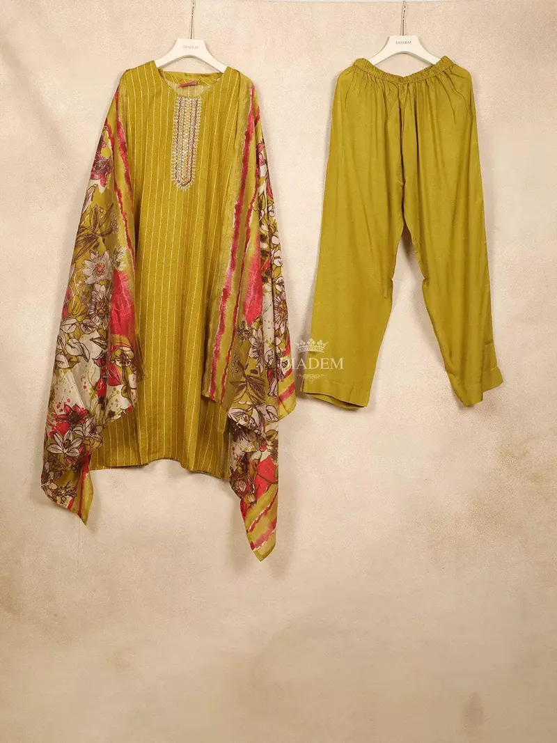 Mustard Yellow Straight Cut Salwar Suit Adorned With Sequins And Stripes Design With Dupatta 1