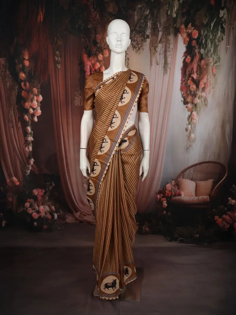 Mustard Yellow Striped Design Tussar Saree With Cow Motif Border 1