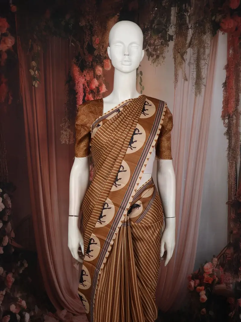Mustard Yellow Striped Design Tussar Saree With Cow Motif Border 2