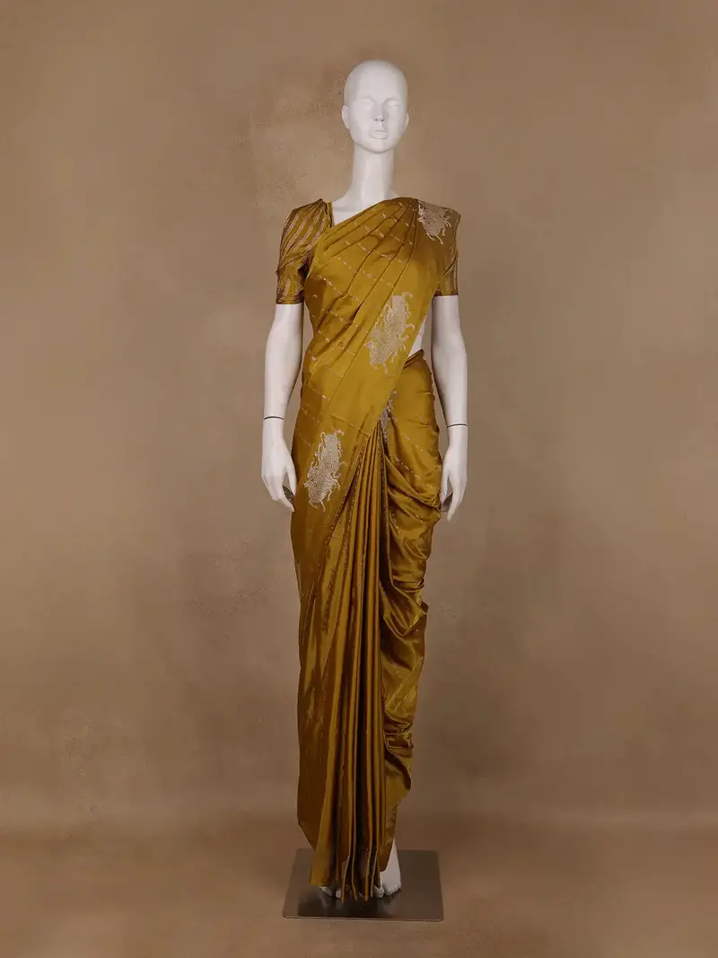 Mustard Yellow Striped Design Tussar Silk Saree 1