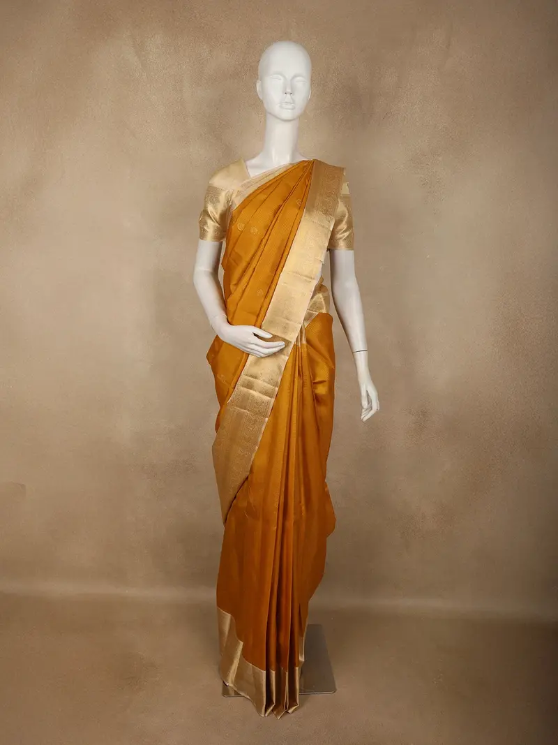 Mustard Yellow Striped Woven Design Pure Kanchipuram Silk Saree With Contrast Border 1