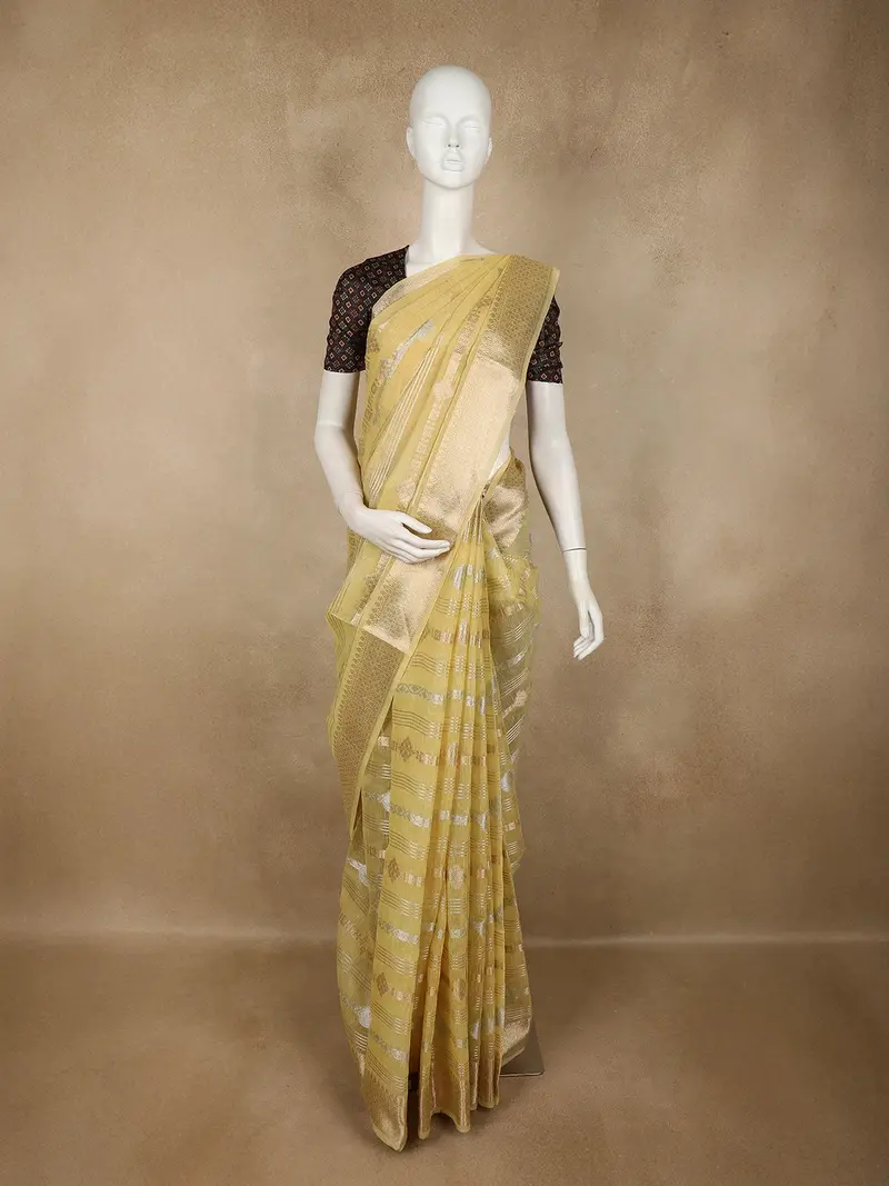 Mustard Yellow Striped Zari Woven Design Tissue Silk Fancy Saree 1