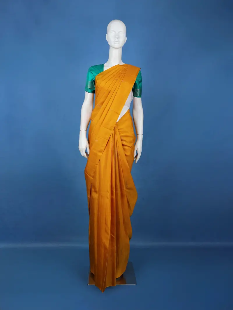 Mustard Yellow Stripes Woven Pure Kanchipuram Silk Saree 1