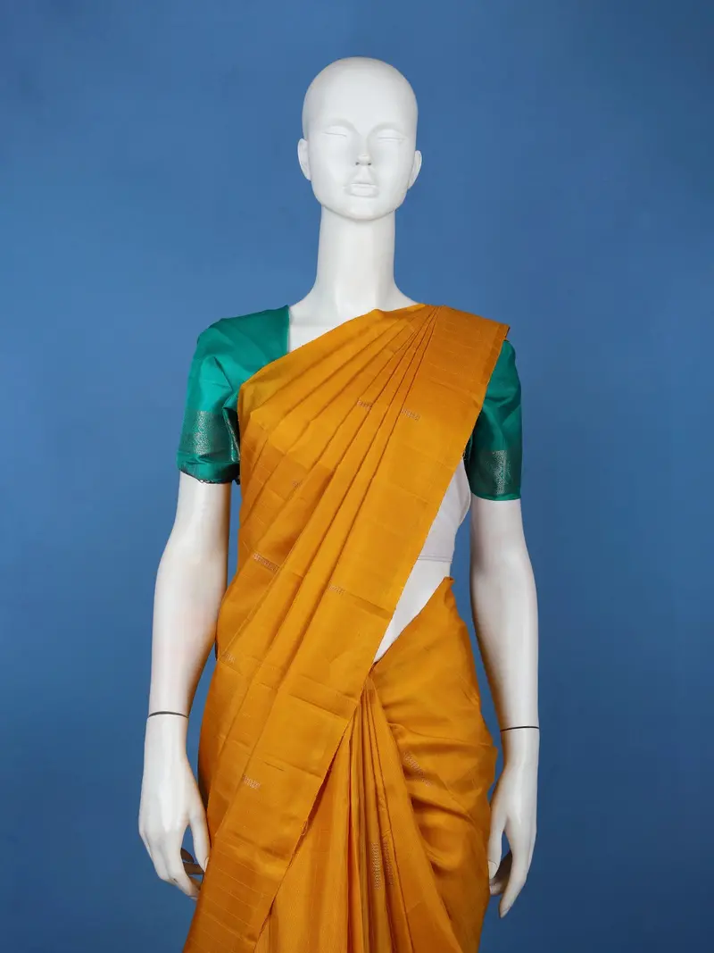 Mustard Yellow Stripes Woven Pure Kanchipuram Silk Saree 2