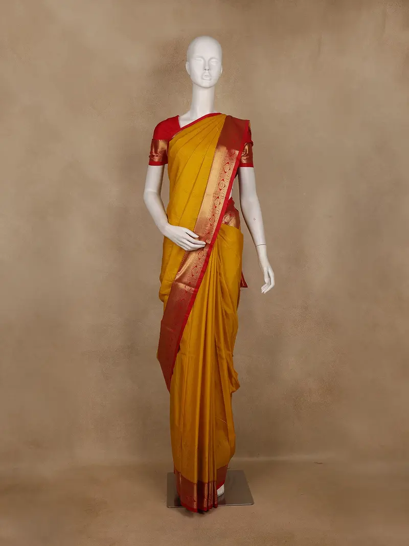 Mustard Yellow Stripes Woven Semi Silk Saree With Contrast Red Zari Border 1